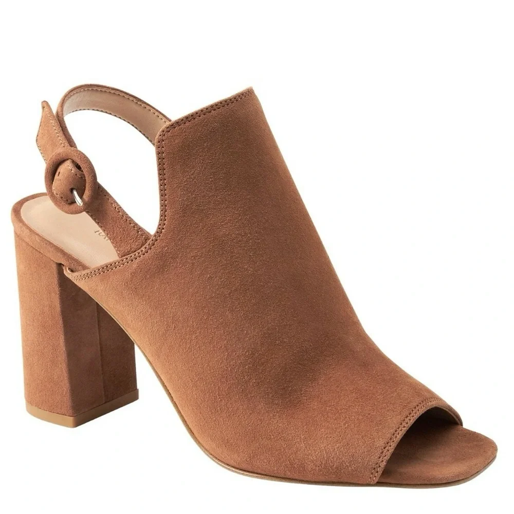 Banana Republic Brown Suede Peep-Toe Heels with Buckle Strap Block Heel Size 7